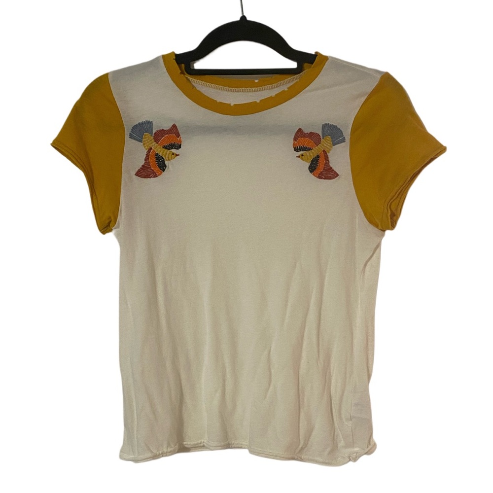 American Eagle Outfitters Cream and Yellow Embroidered Bird Tee